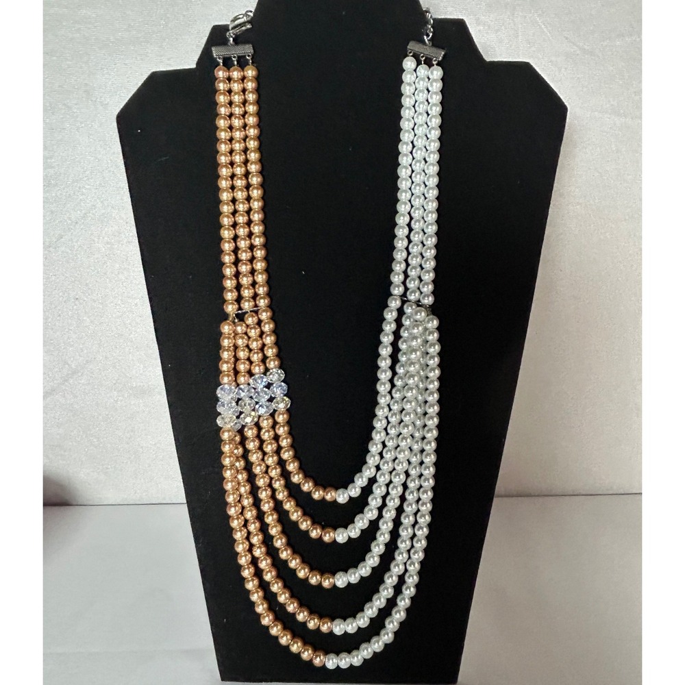 Multi-Strand Faux Pearl Necklace‎ Cream Bronze Layered Silver Tone signed CJ